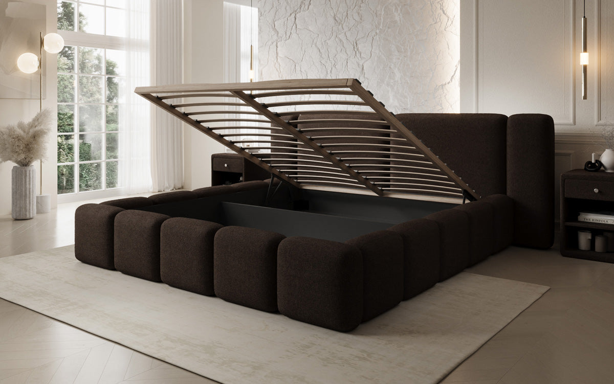 Designer upholstered bed Bianca in teddy bouclé with storage