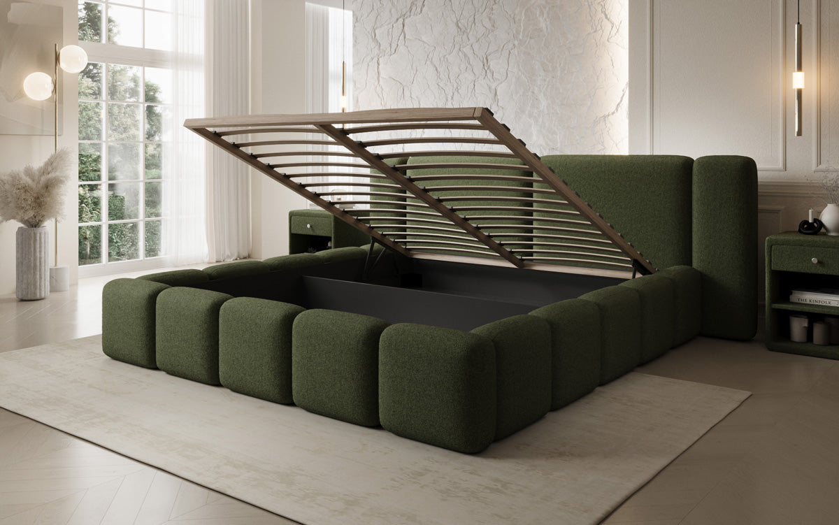 Designer upholstered bed Bianca in teddy bouclé with storage