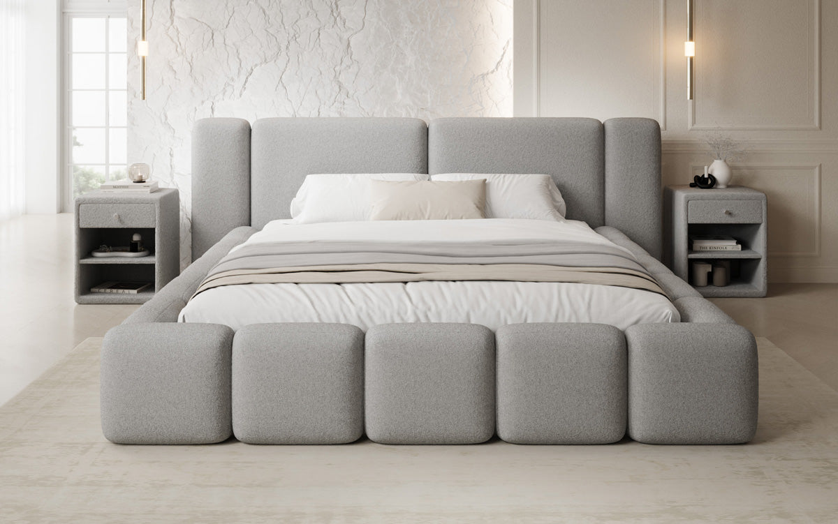 Designer upholstered bed Bianca in teddy bouclé with storage