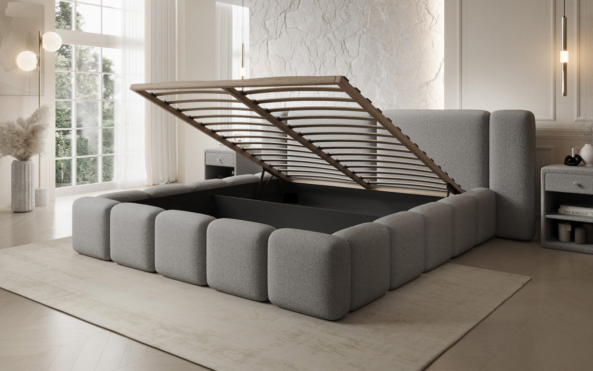 Designer upholstered bed Bianca in teddy bouclé with storage