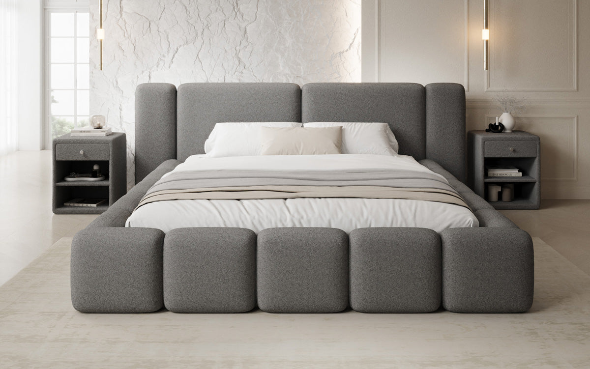 Designer upholstered bed Bianca in teddy bouclé with storage