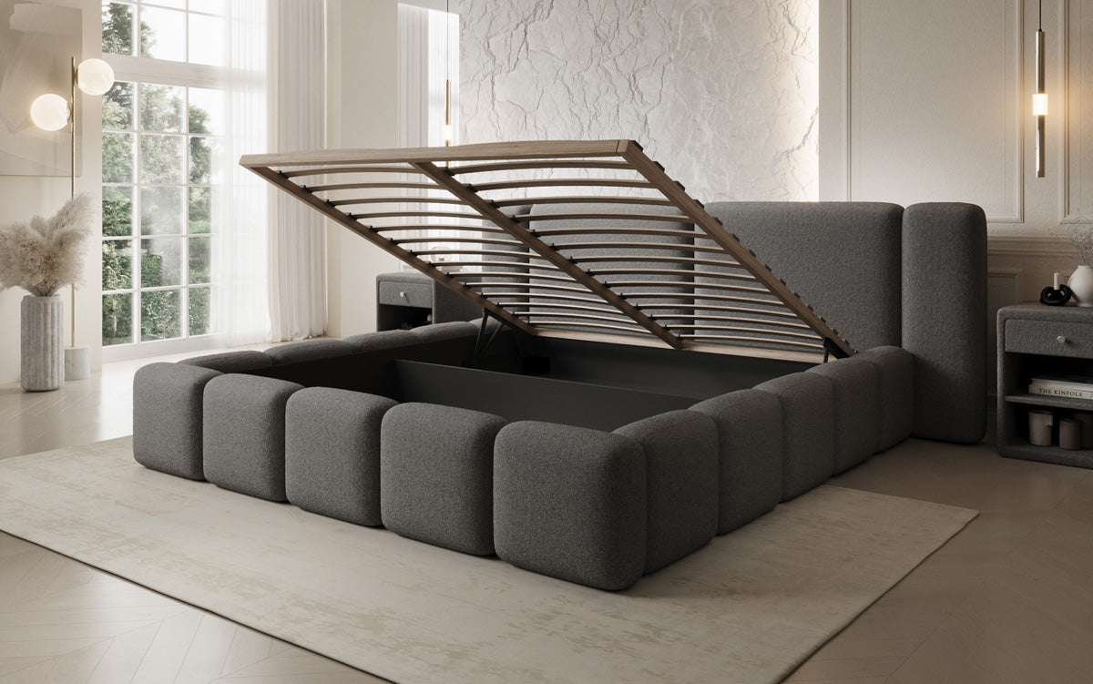 Designer upholstered bed Bianca in teddy bouclé with storage
