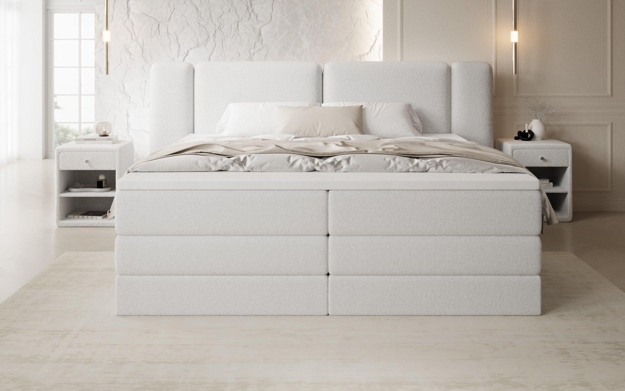 Leni box spring bed with lift-up storage in Teddy Bouclé