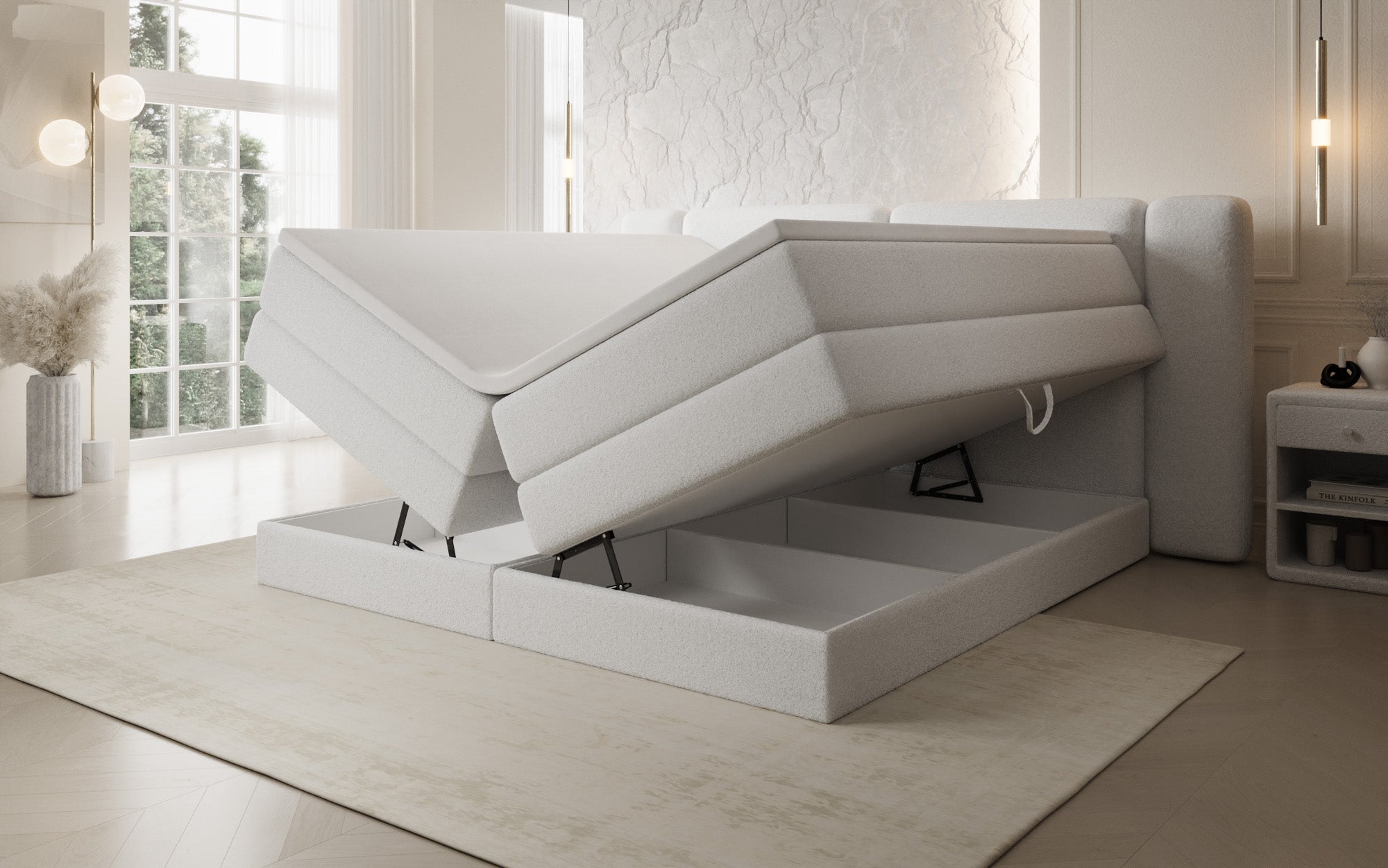Leni box spring bed with lift-up storage in Teddy Bouclé