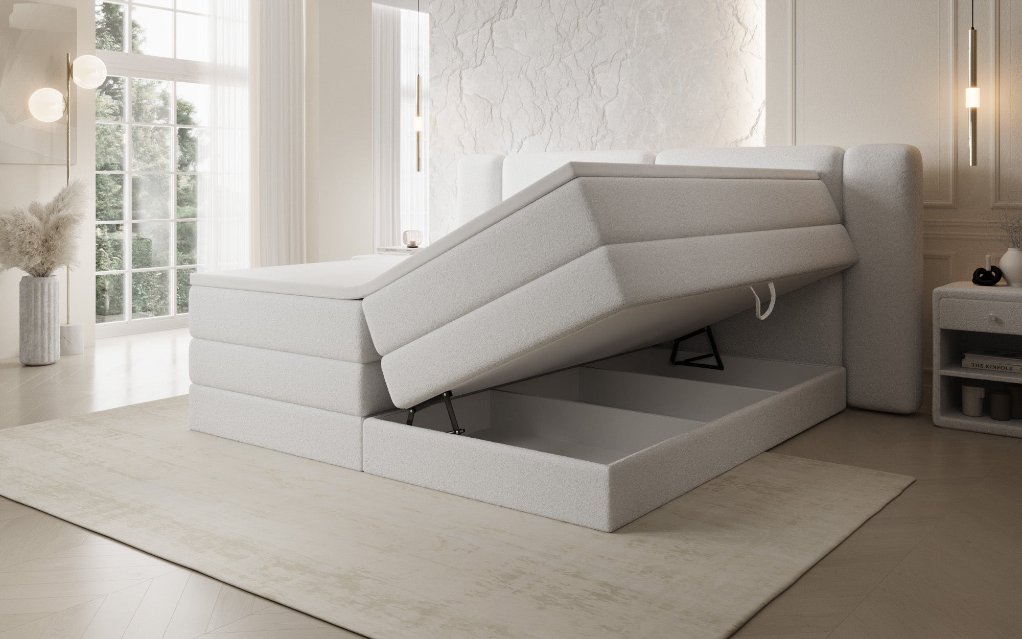 Leni box spring bed with lift-up storage in Teddy Bouclé