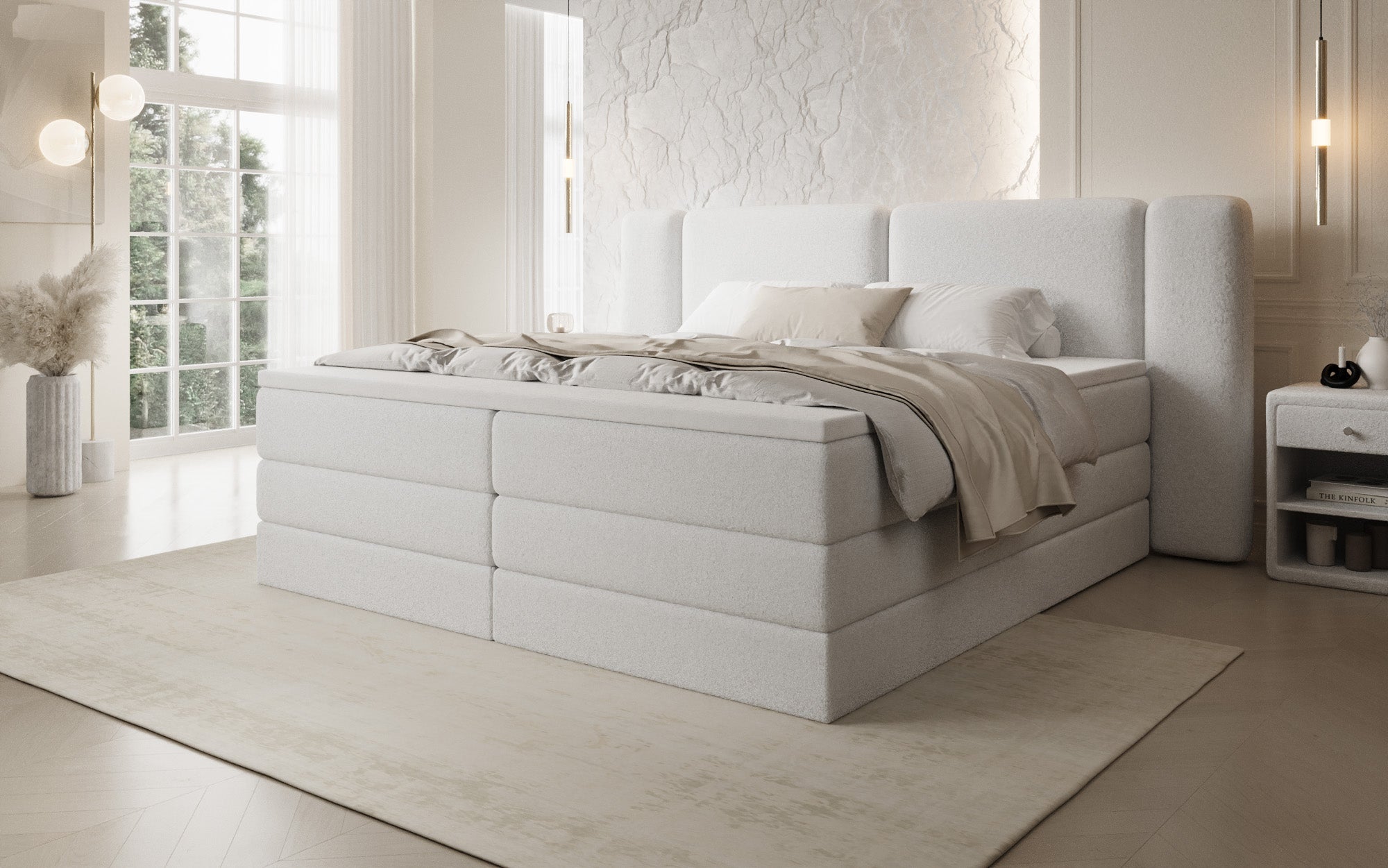 Leni box spring bed with lift-up storage in Teddy Bouclé