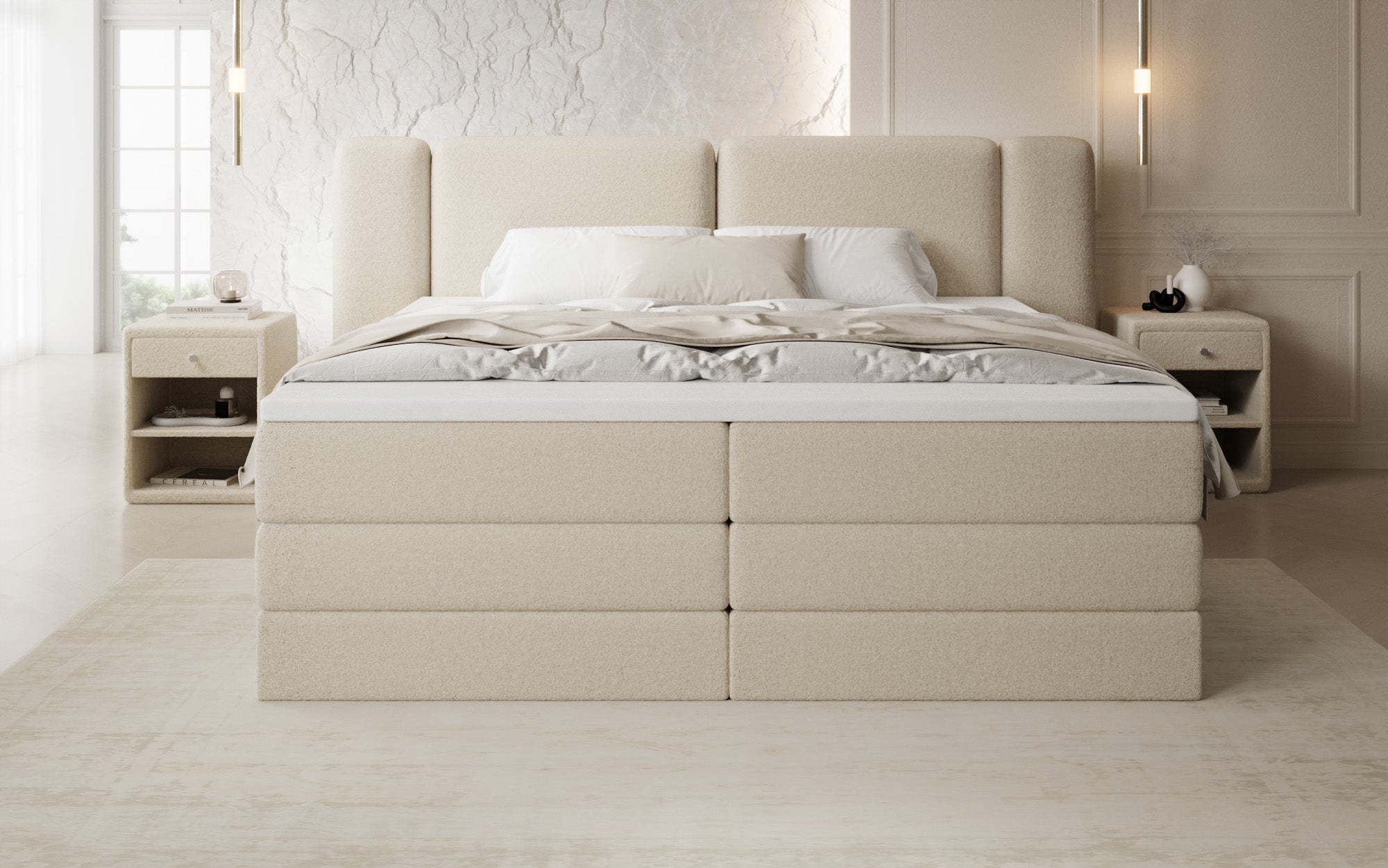 Leni box spring bed with lift-up storage in Teddy Bouclé