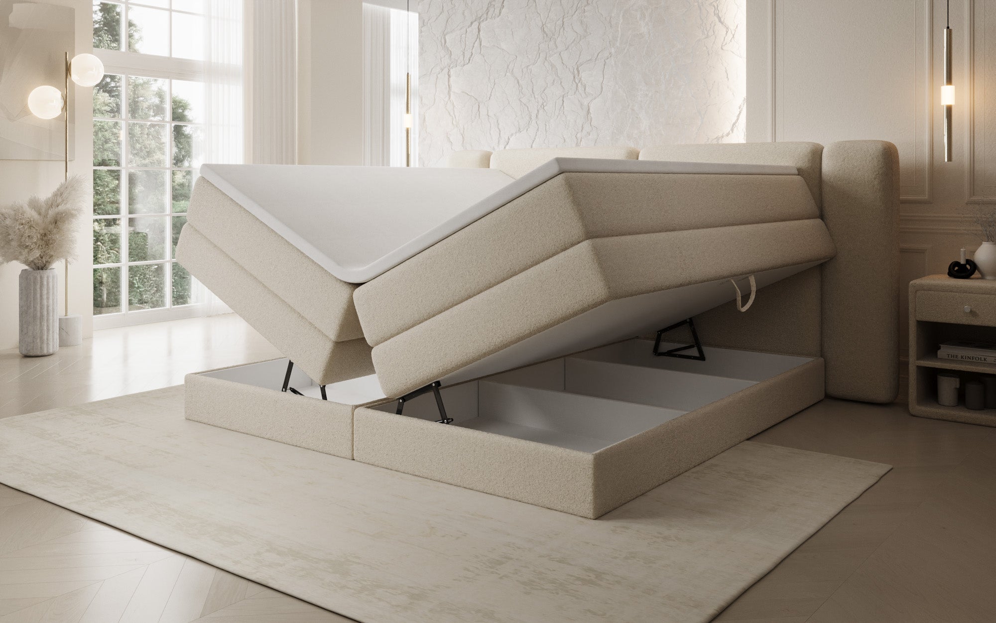 Leni box spring bed with lift-up storage in Teddy Bouclé