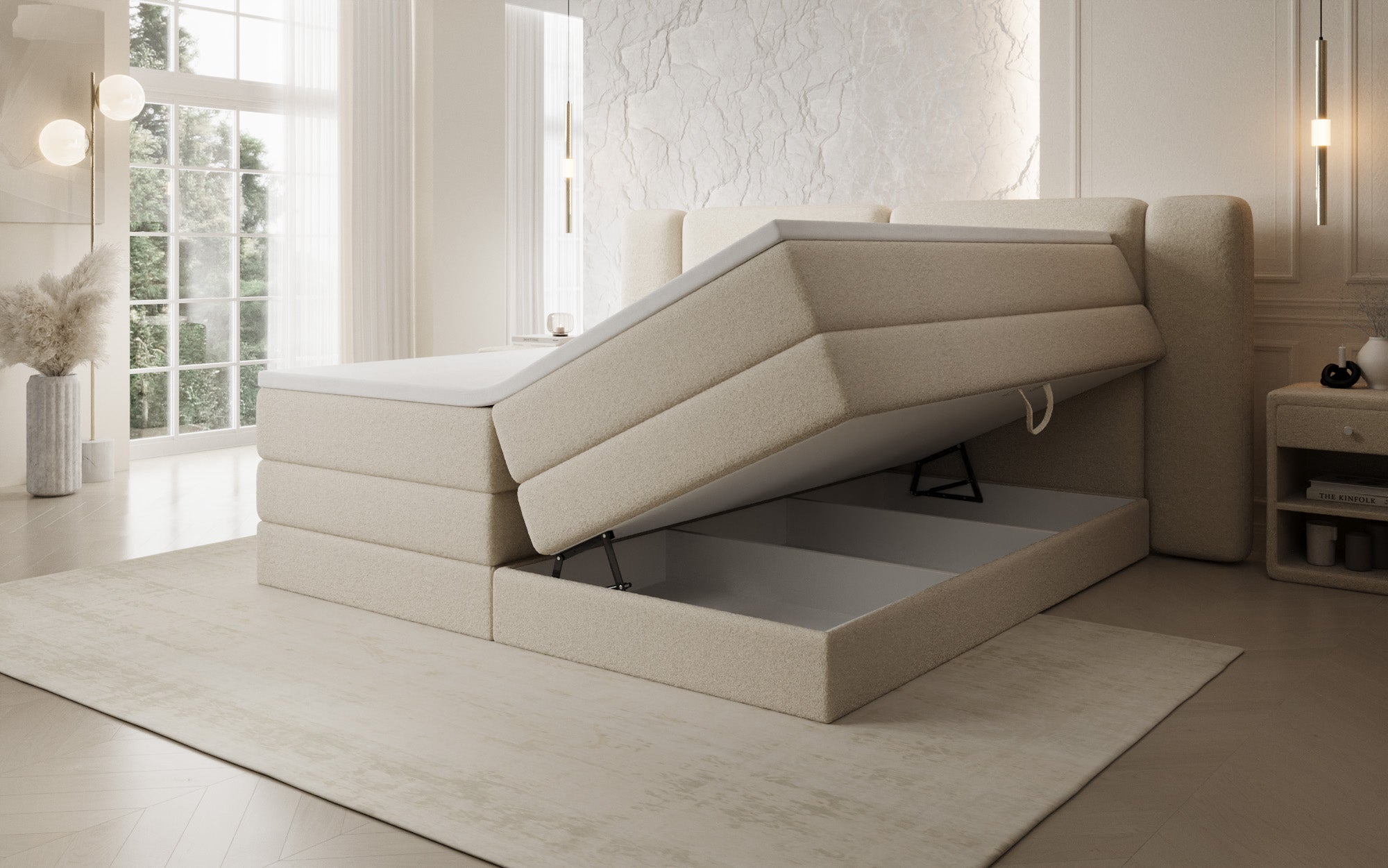 Leni box spring bed with lift-up storage in Teddy Bouclé