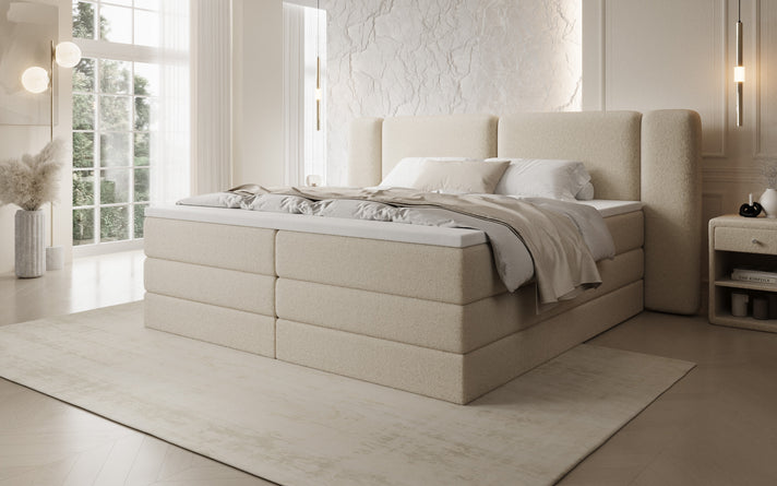 Leni box spring bed with lift-up storage in Teddy Bouclé