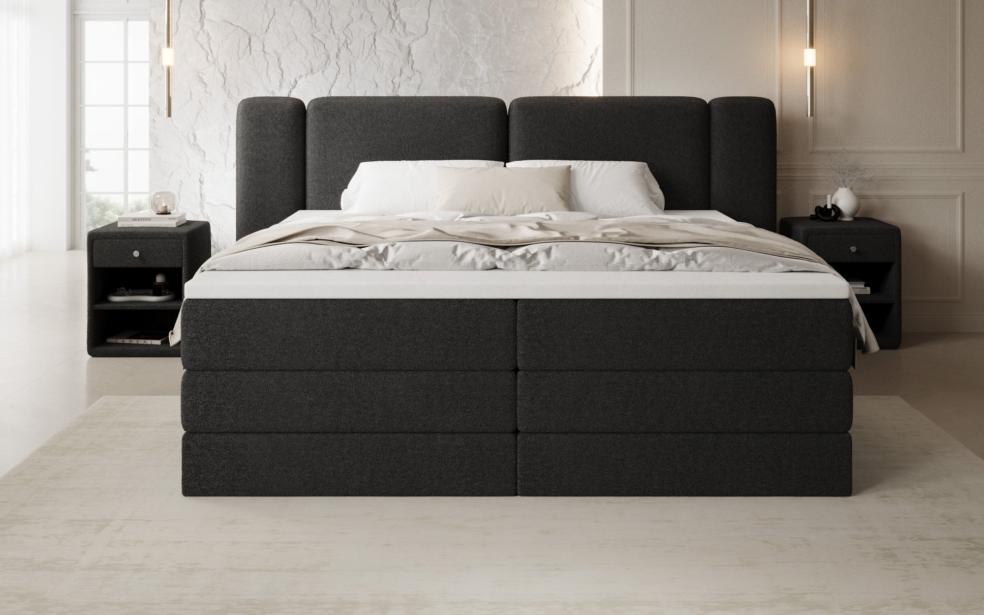 Leni box spring bed with lift-up storage in Teddy Bouclé