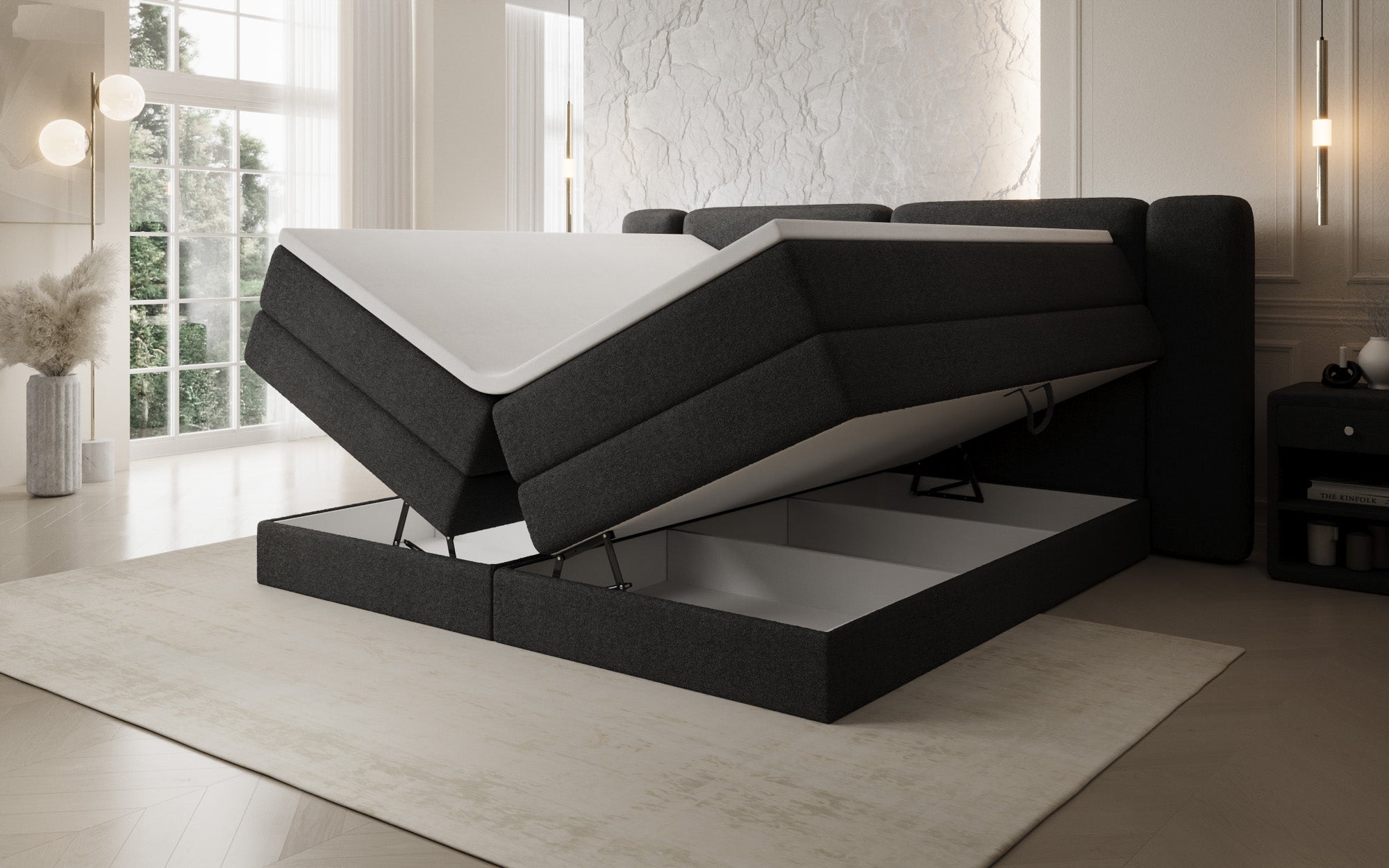 Leni box spring bed with lift-up storage in Teddy Bouclé