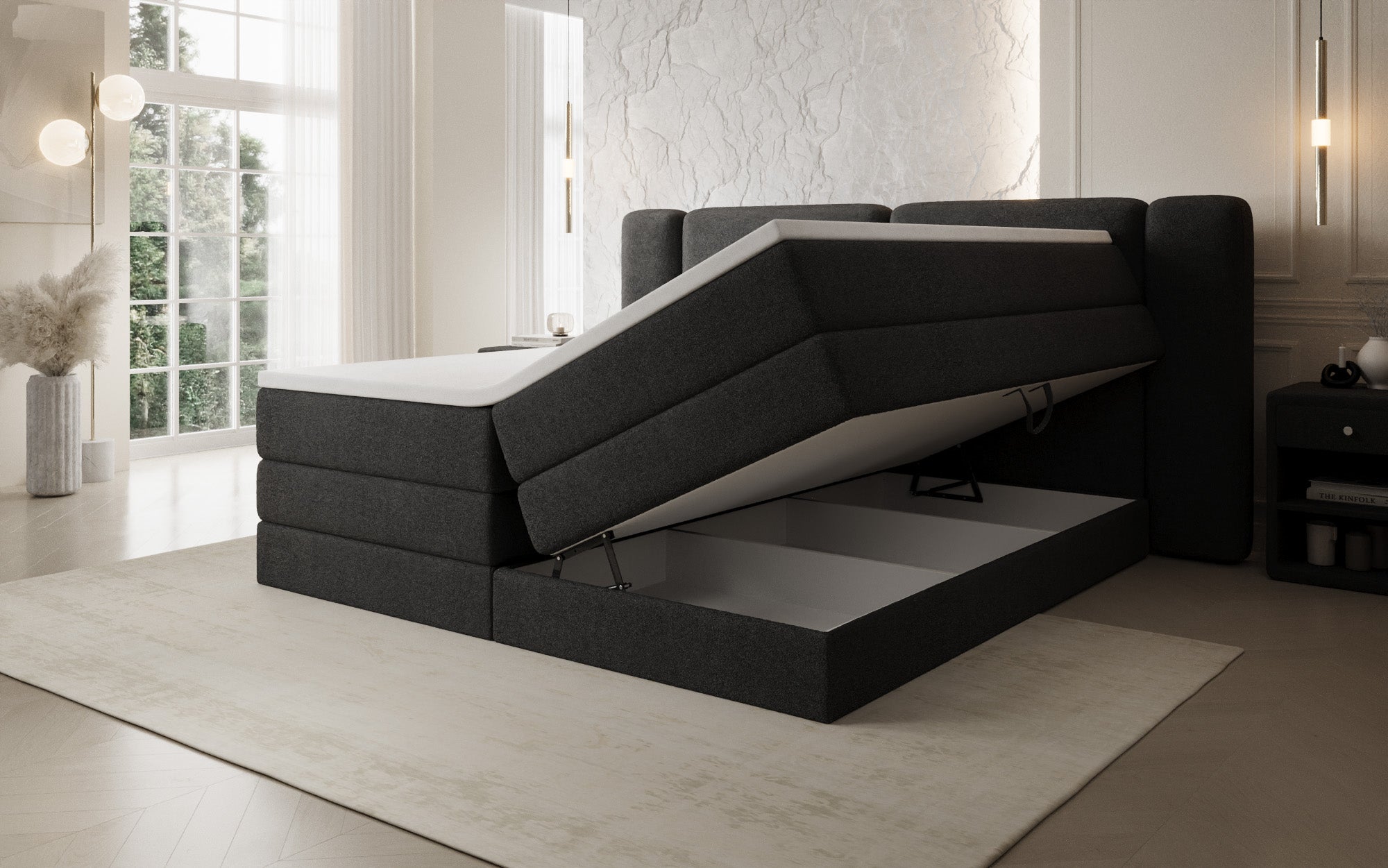 Leni box spring bed with lift-up storage in Teddy Bouclé
