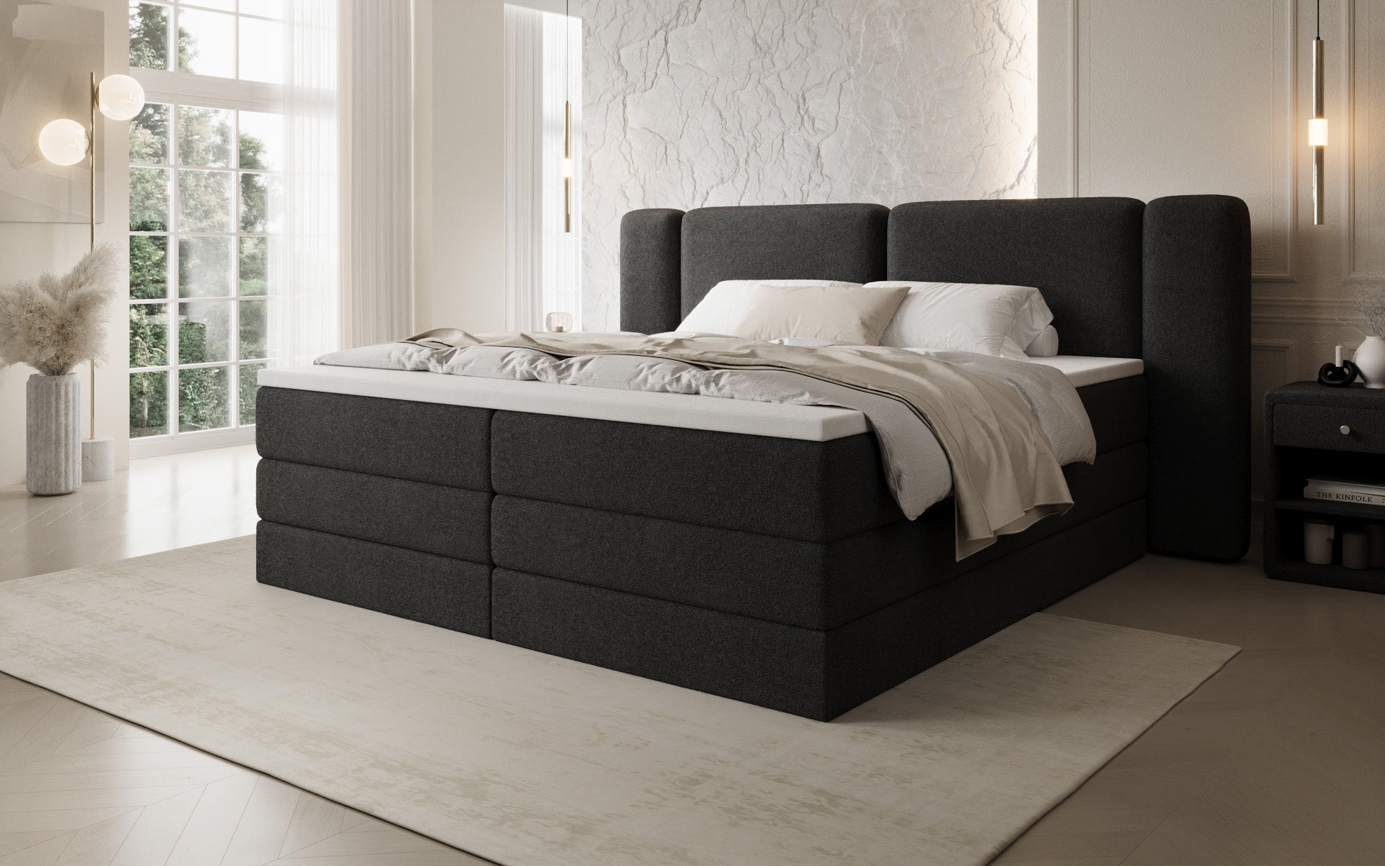 Leni box spring bed with lift-up storage in Teddy Bouclé