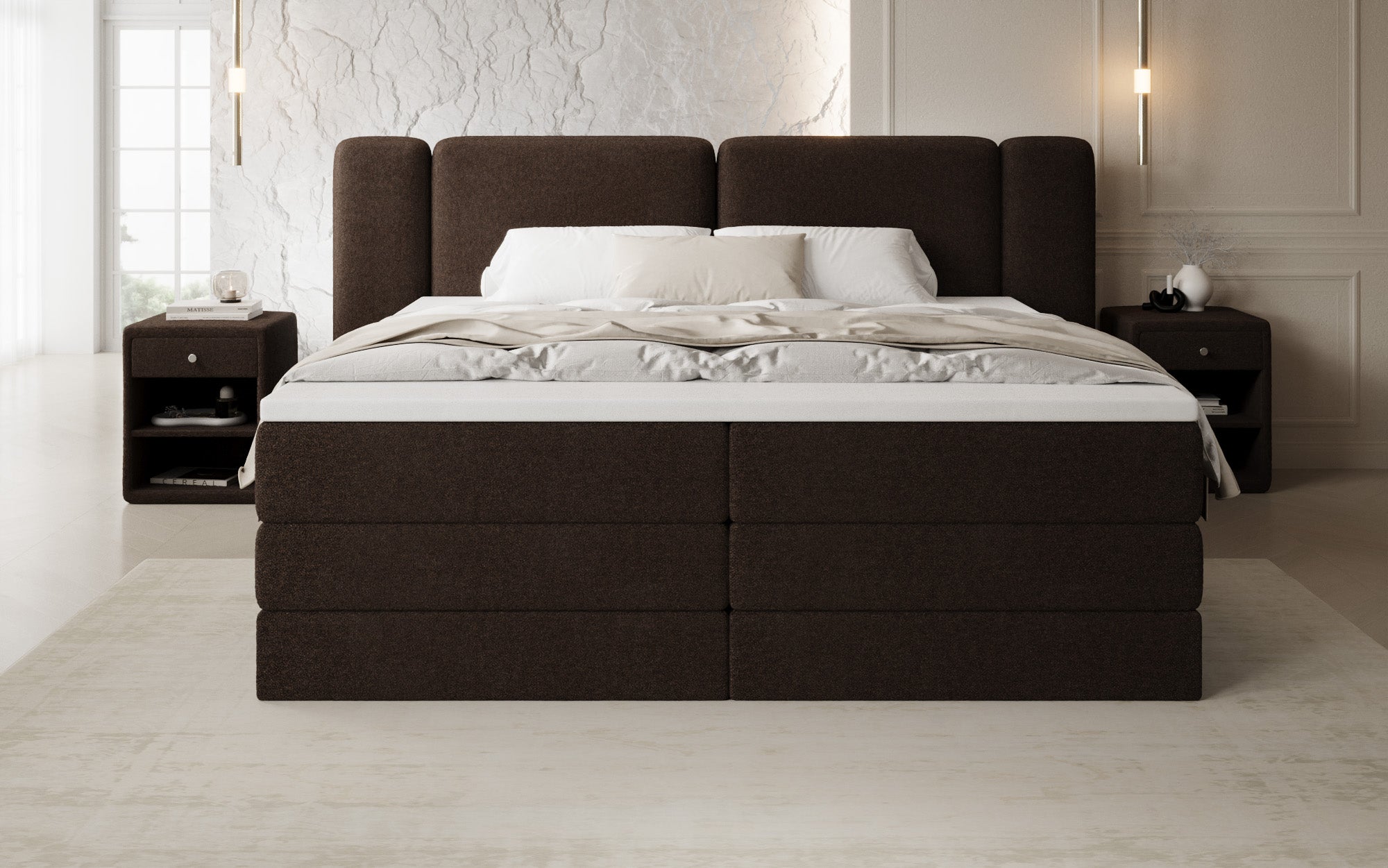 Leni box spring bed with lift-up storage in Teddy Bouclé
