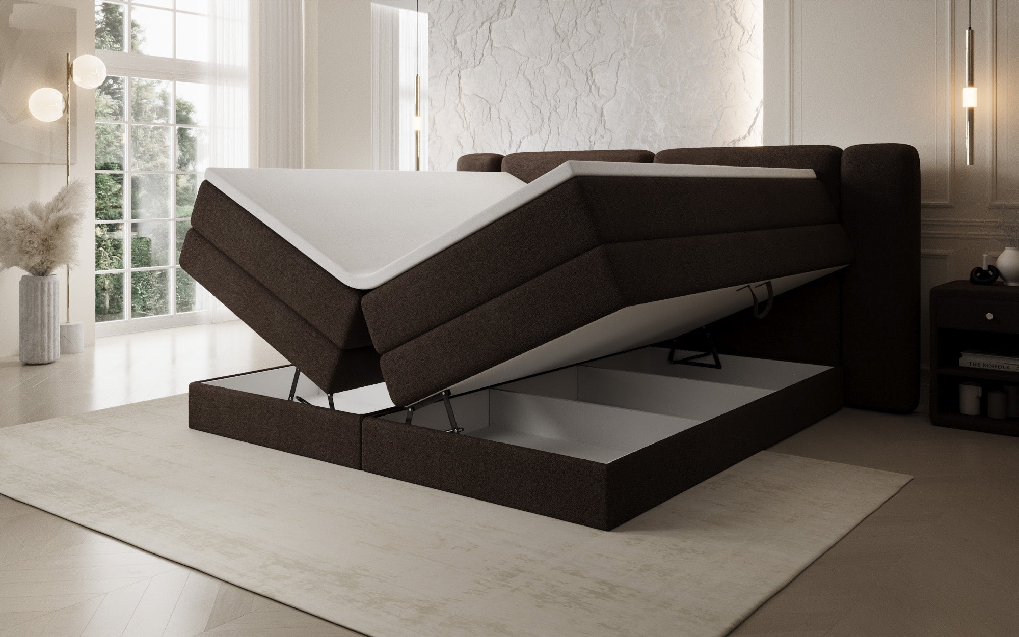 Leni box spring bed with lift-up storage in Teddy Bouclé