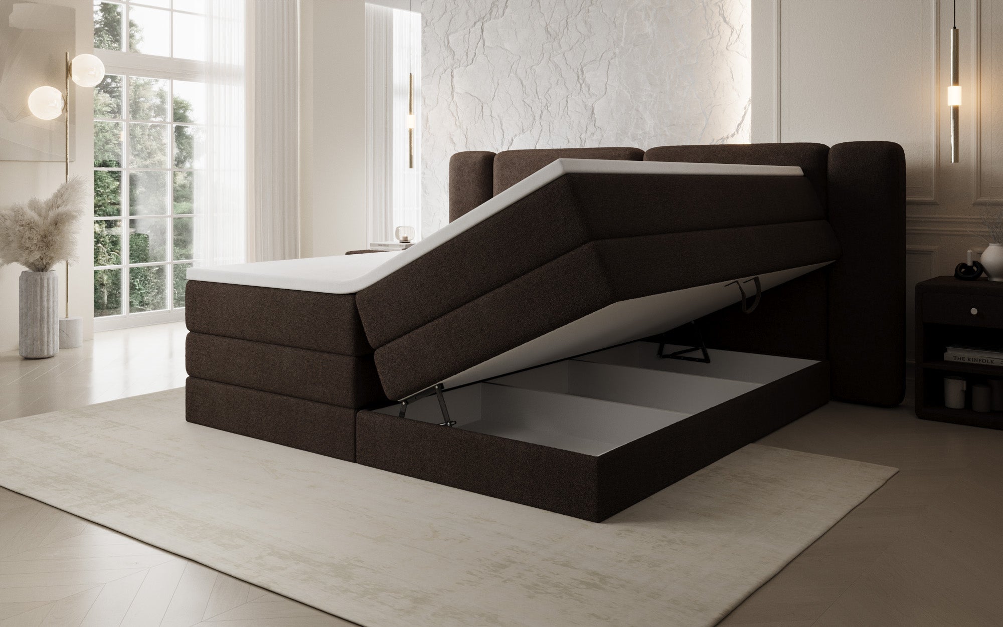 Leni box spring bed with lift-up storage in Teddy Bouclé
