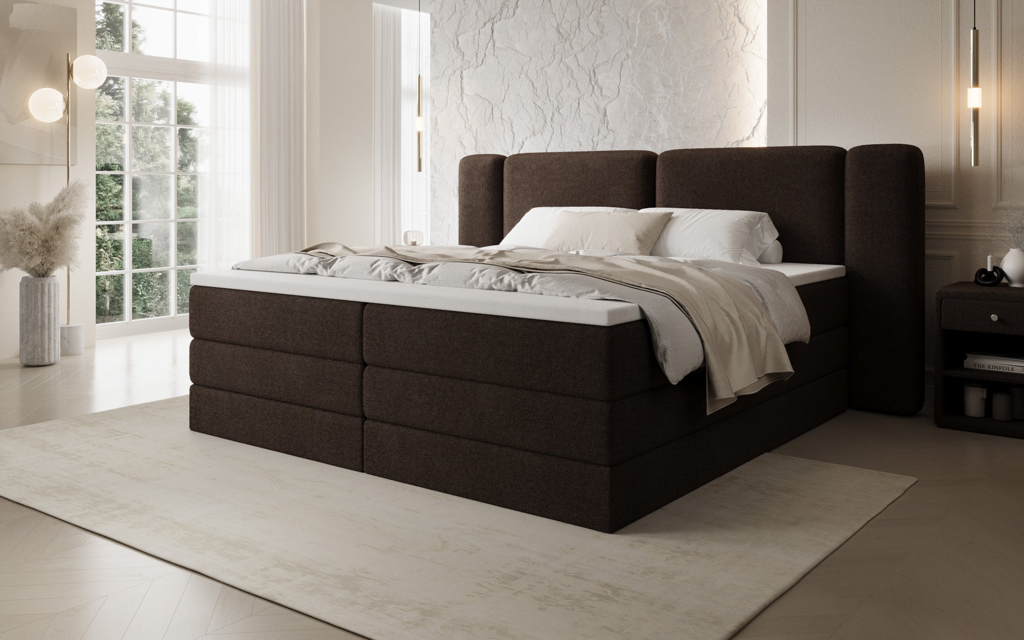 Leni box spring bed with lift-up storage in Teddy Bouclé