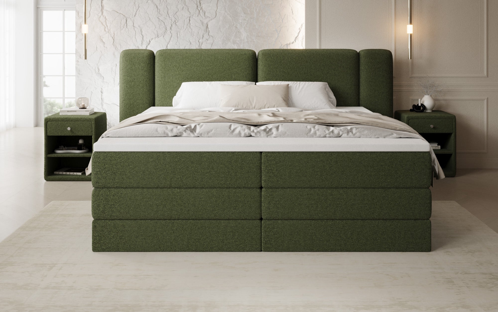 Leni box spring bed with lift-up storage in Teddy Bouclé