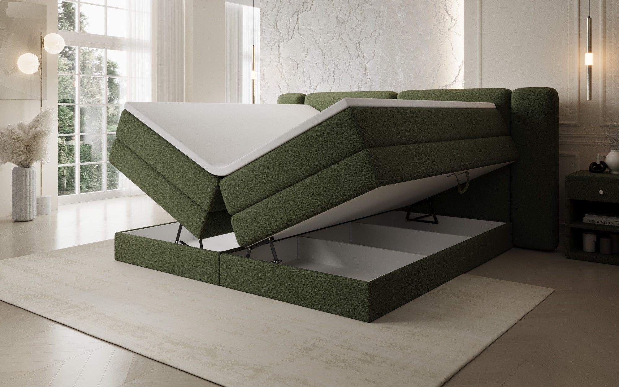 Leni box spring bed with lift-up storage in Teddy Bouclé