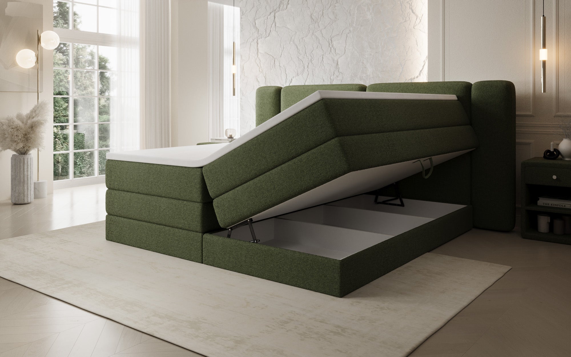 Leni box spring bed with lift-up storage in Teddy Bouclé