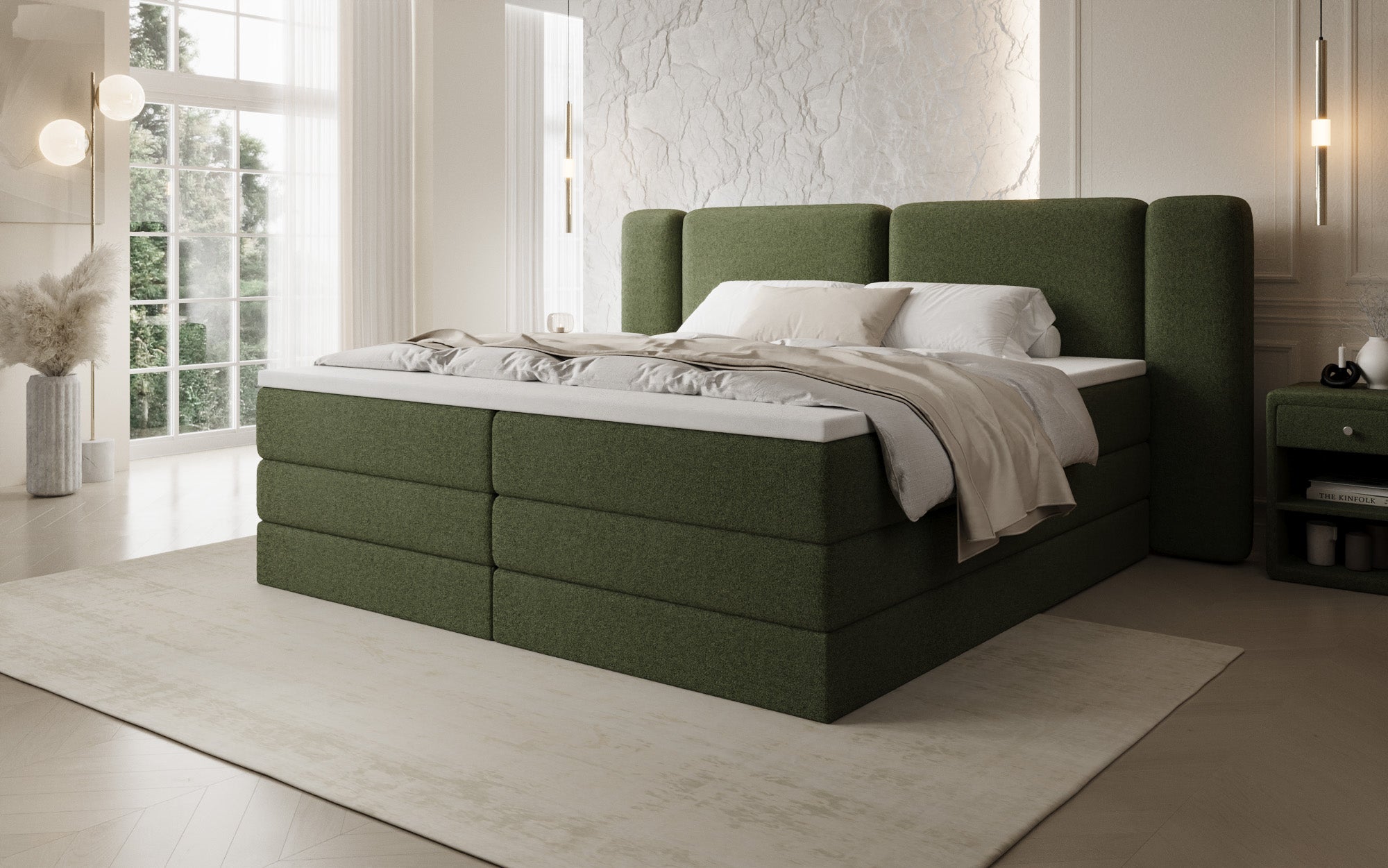 Leni box spring bed with lift-up storage in Teddy Bouclé