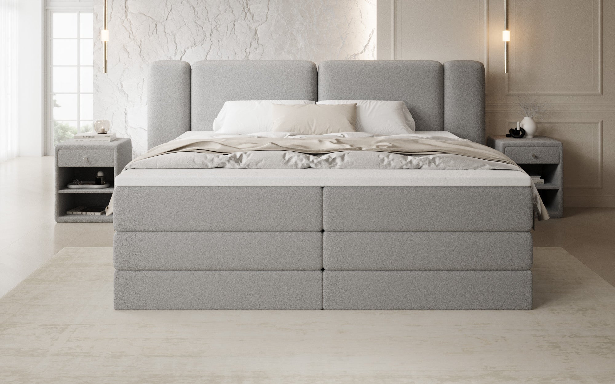 Leni box spring bed with lift-up storage in Teddy Bouclé