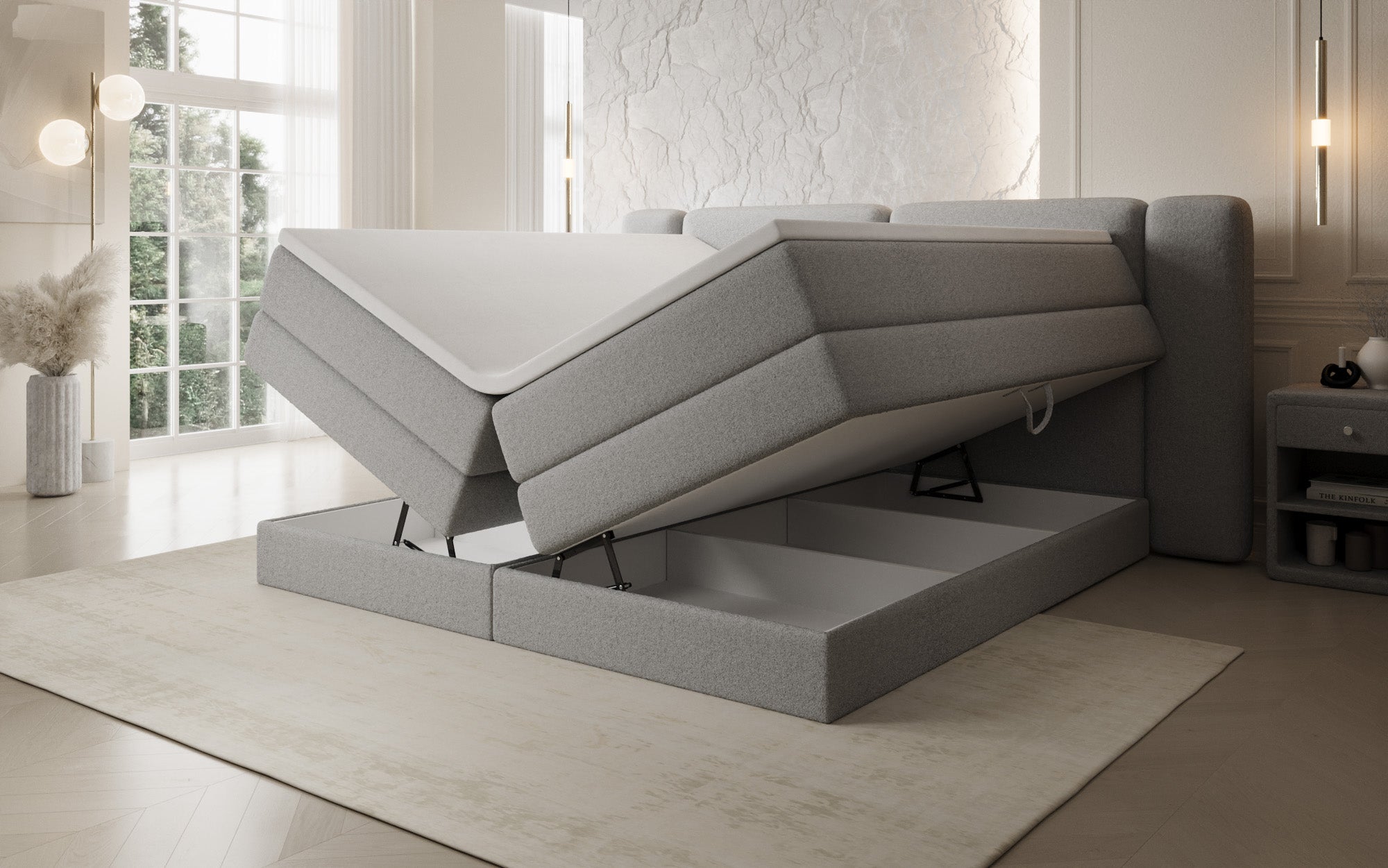 Leni box spring bed with lift-up storage in Teddy Bouclé