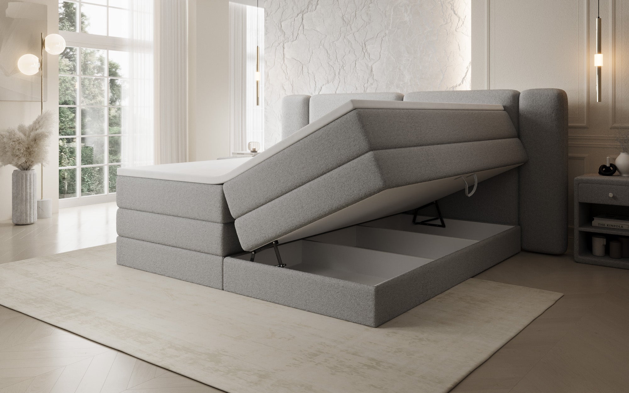 Leni box spring bed with lift-up storage in Teddy Bouclé