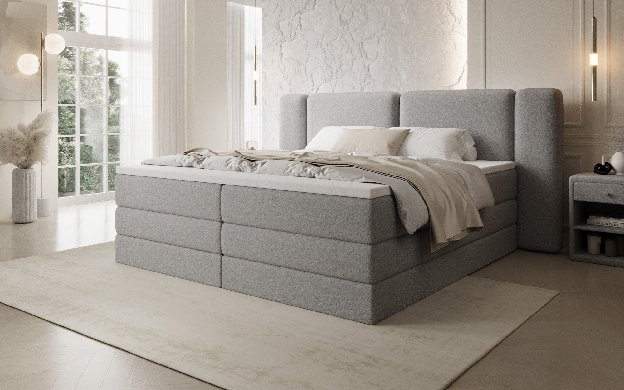 Leni box spring bed with lift-up storage in Teddy Bouclé