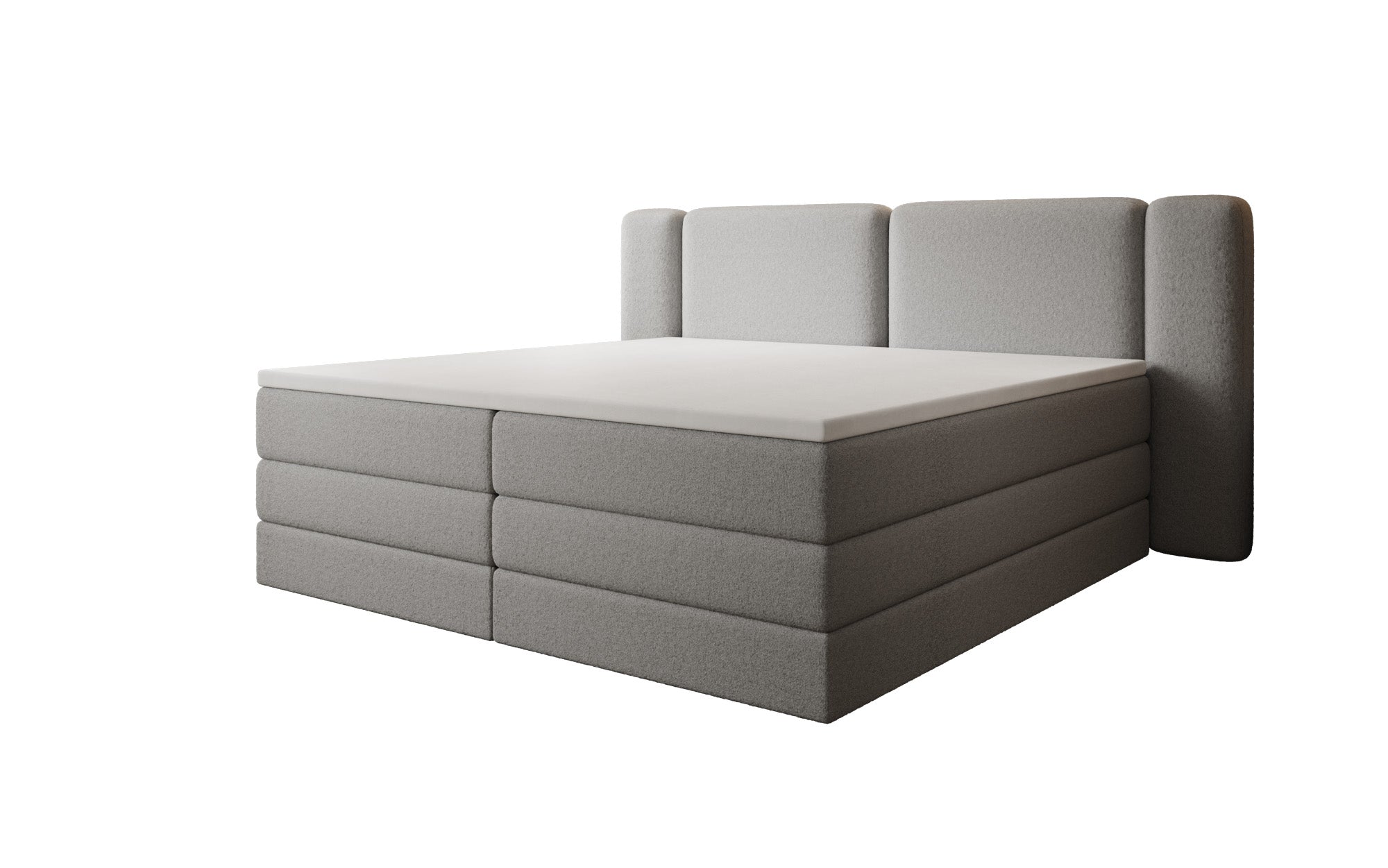 Leni box spring bed with lift-up storage in Teddy Bouclé