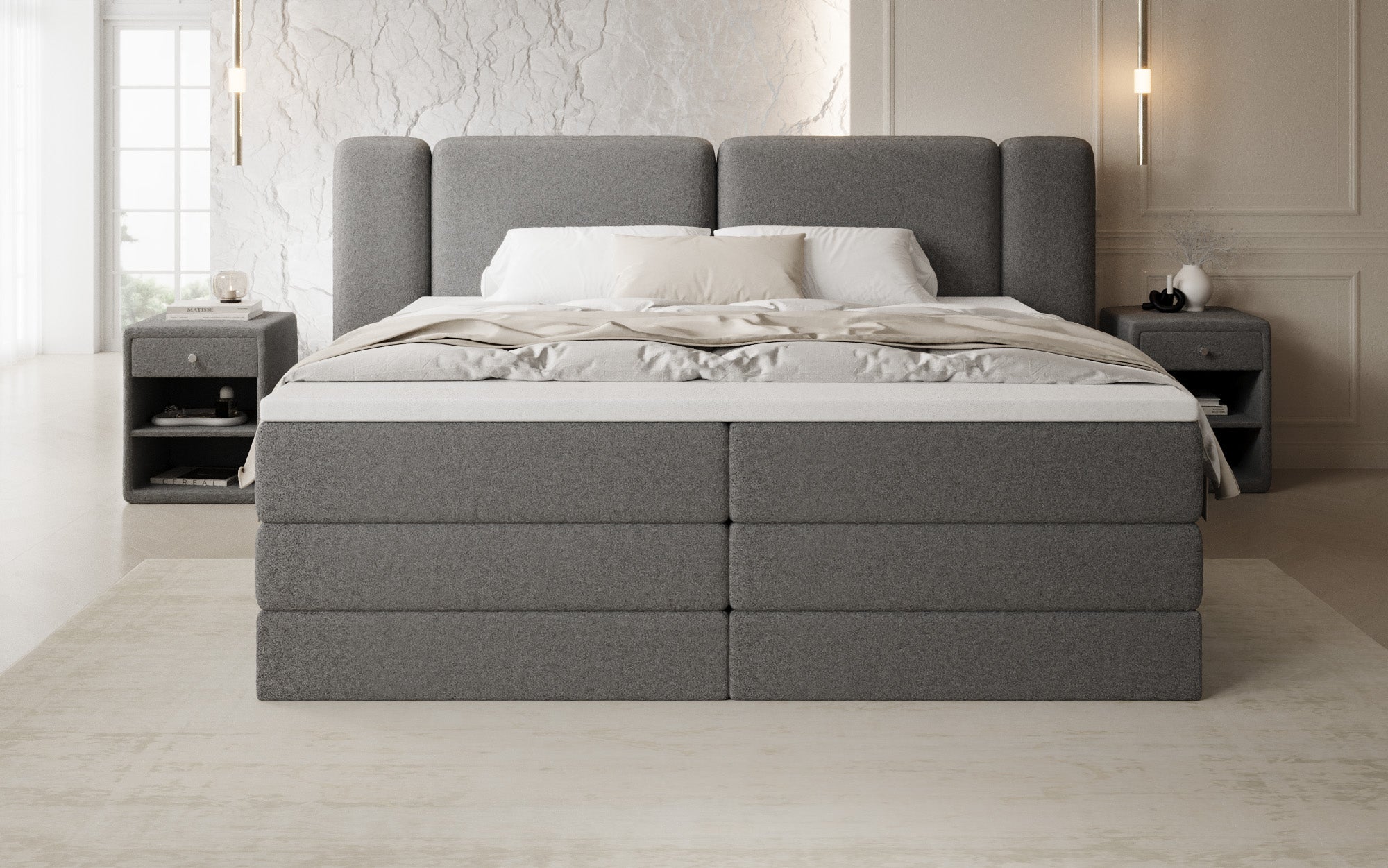 Leni box spring bed with lift-up storage in Teddy Bouclé