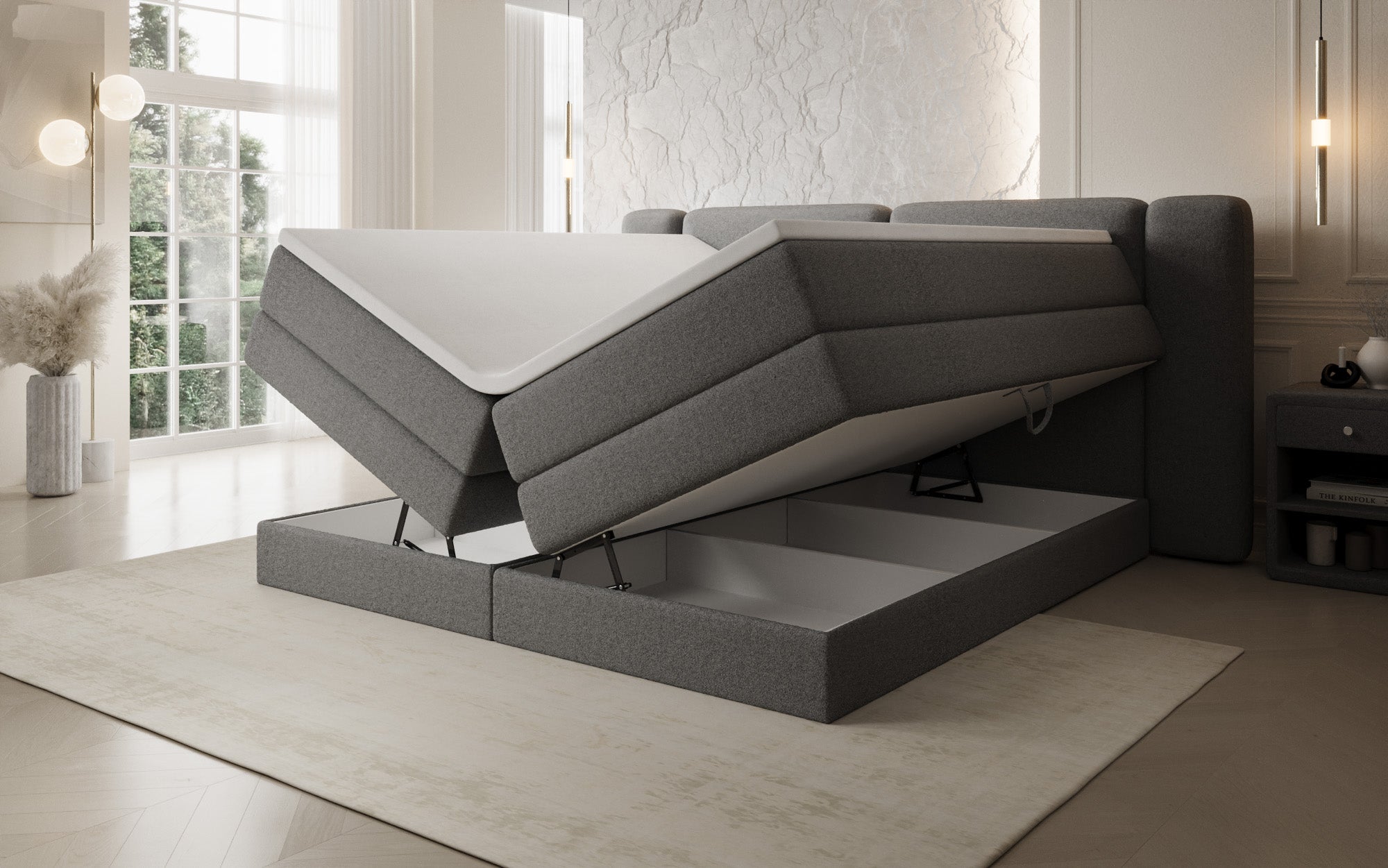 Leni box spring bed with lift-up storage in Teddy Bouclé