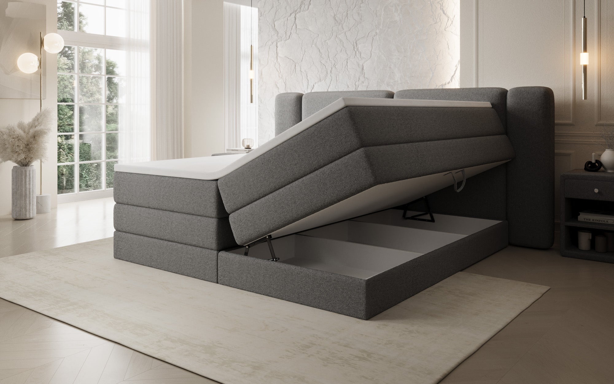 Leni box spring bed with lift-up storage in Teddy Bouclé
