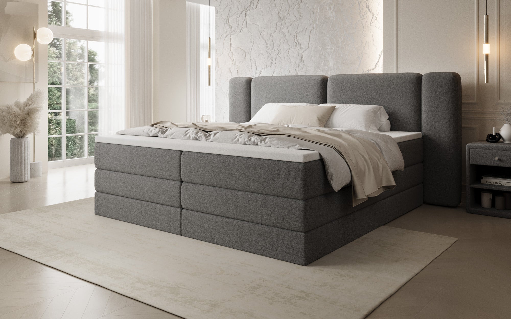 Leni box spring bed with lift-up storage in Teddy Bouclé