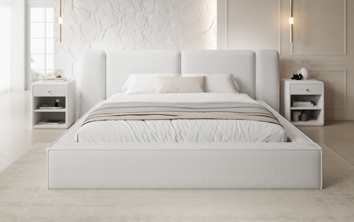 Designer upholstered bed Klara in Teddy bouclé with storage