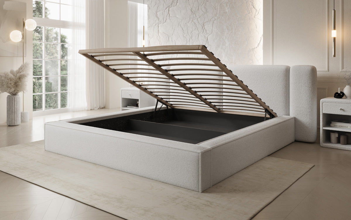 Designer upholstered bed Klara in Teddy bouclé with storage