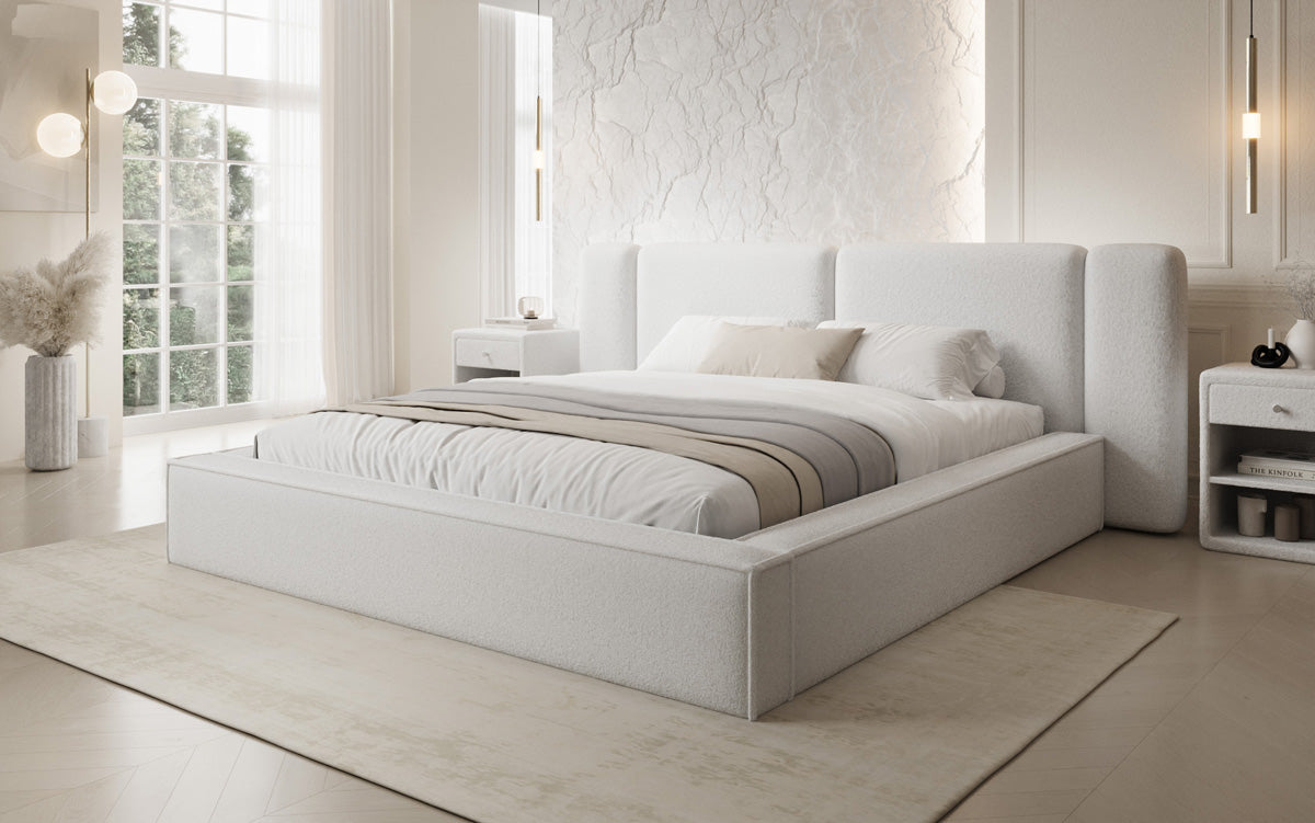 Designer upholstered bed Klara in Teddy bouclé with storage