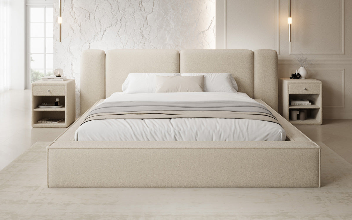 Designer upholstered bed Klara in Teddy bouclé with storage