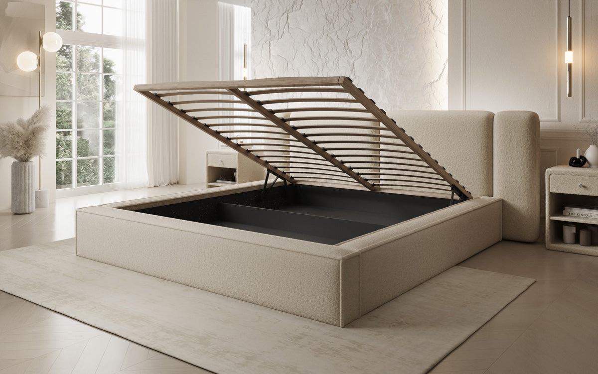 Designer upholstered bed Klara in Teddy bouclé with storage