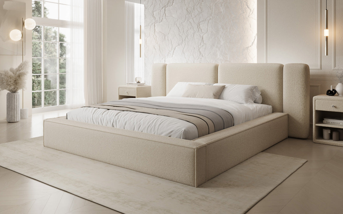 Designer upholstered bed Klara in Teddy bouclé with storage