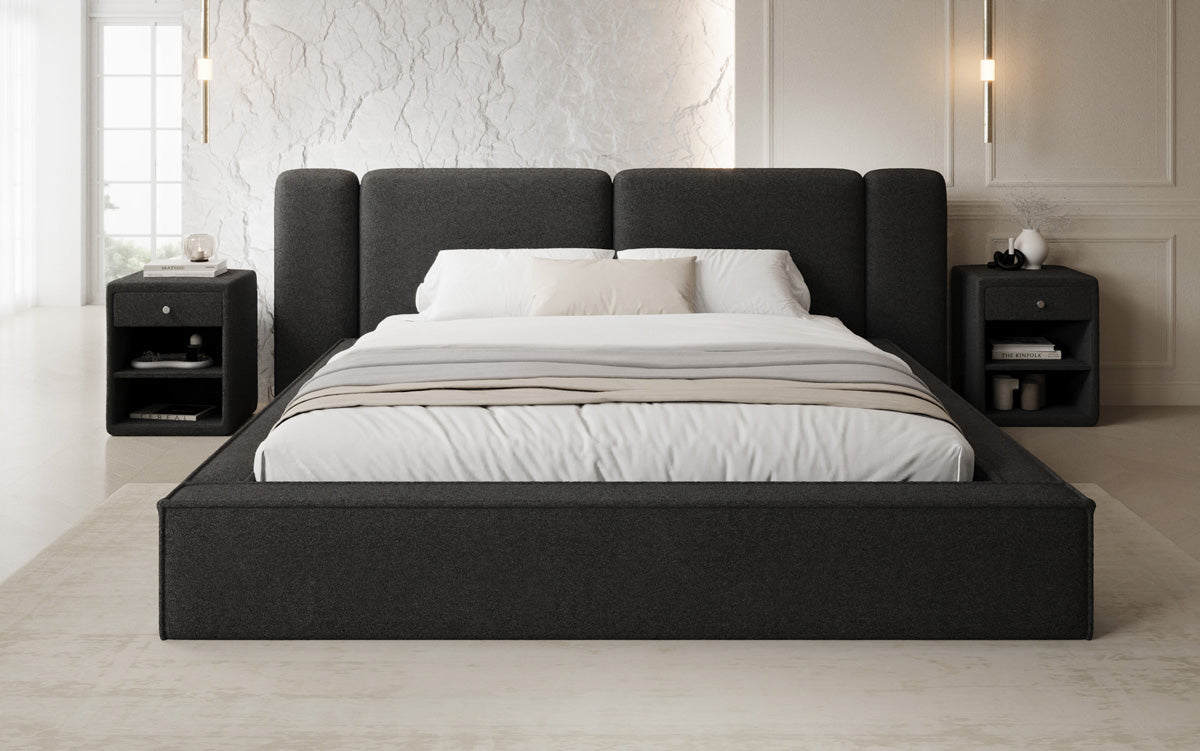 Designer upholstered bed Klara in Teddy bouclé with storage