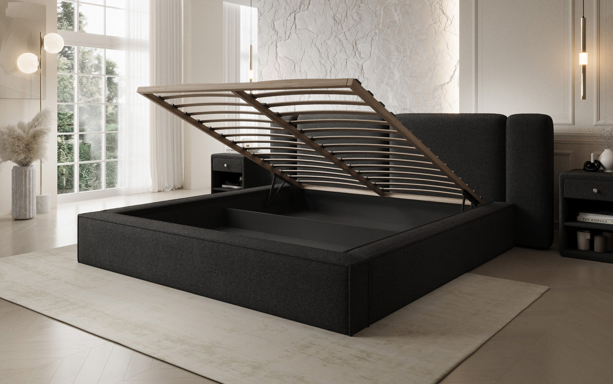 Designer upholstered bed Klara in Teddy bouclé with storage