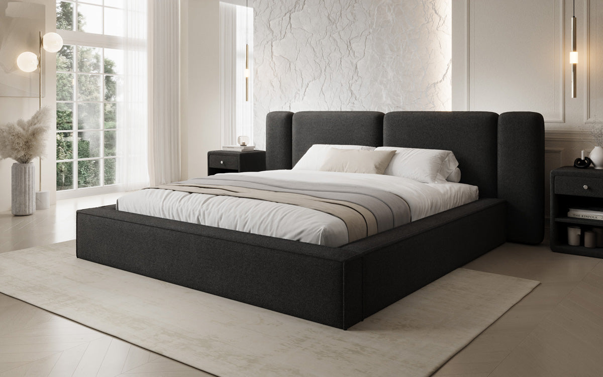 Designer upholstered bed Klara in Teddy bouclé with storage