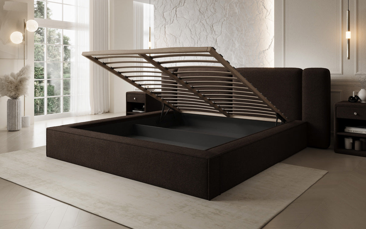 Designer upholstered bed Klara in Teddy bouclé with storage