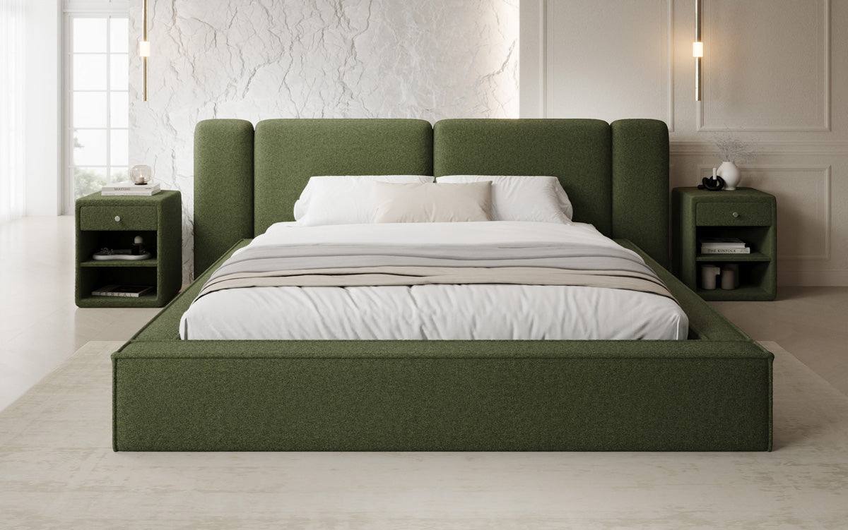 Designer upholstered bed Klara in Teddy bouclé with storage
