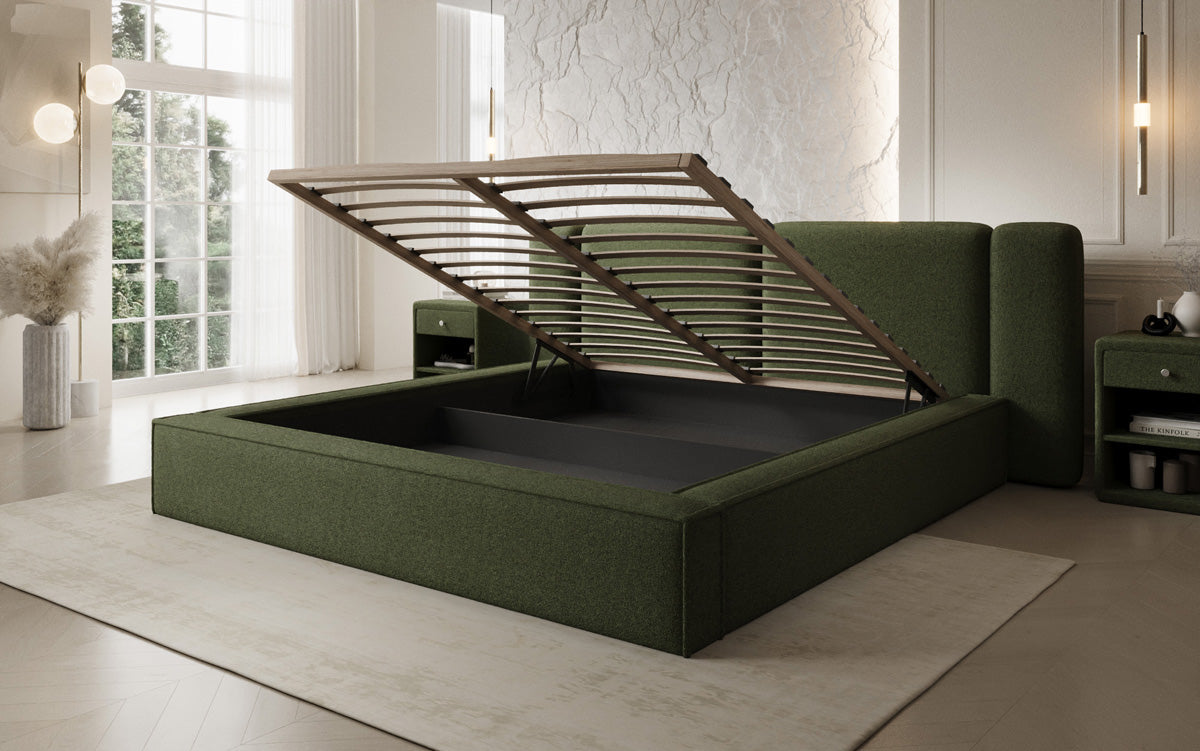 Designer upholstered bed Klara in Teddy bouclé with storage