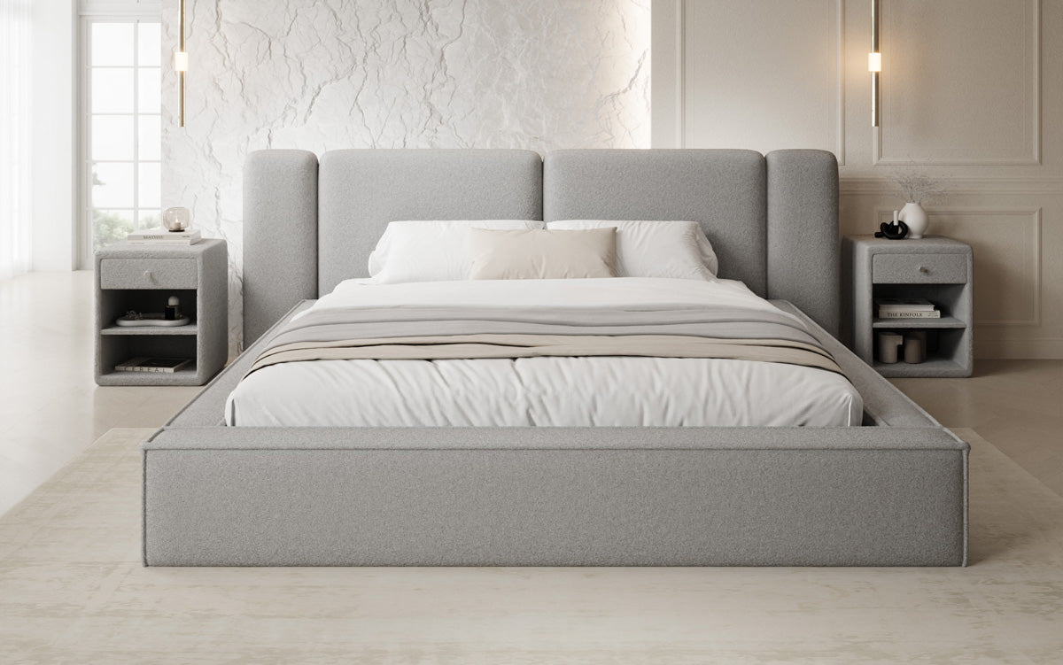 Designer upholstered bed Klara in Teddy bouclé with storage