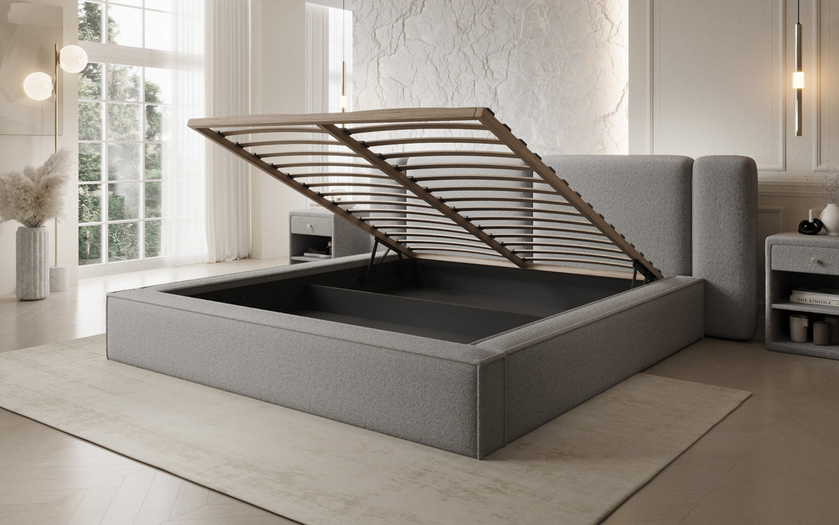 Designer upholstered bed Klara in Teddy bouclé with storage