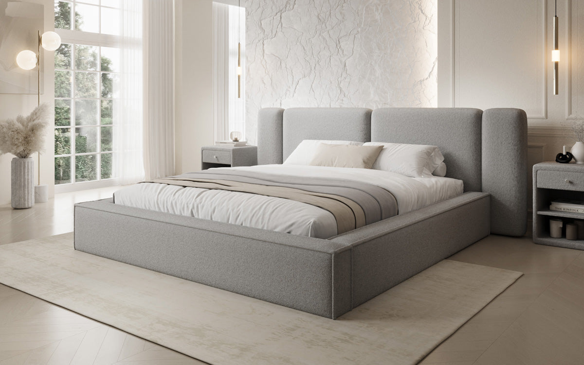 Designer upholstered bed Klara in Teddy bouclé with storage